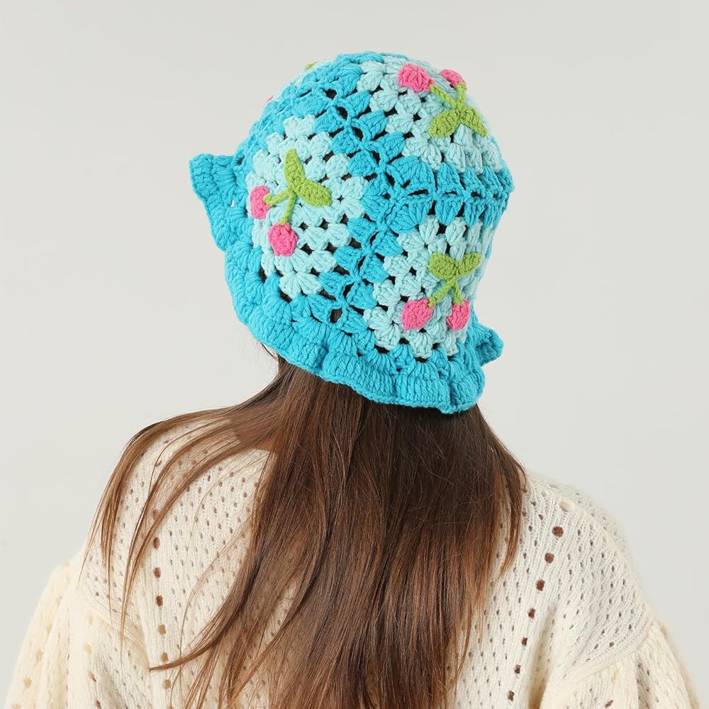 Fiewmay Crochet Bucket Hat for Women Handmade Floral Hat